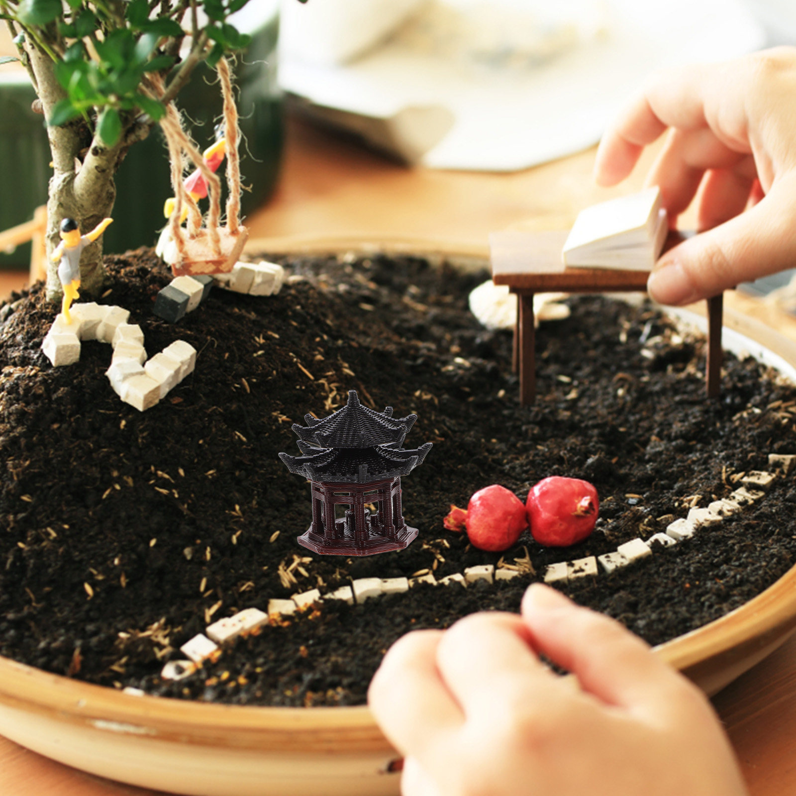 Mini Bonsai Zen Garden - Ornamento de Mini Pavilhão Estilo Chinês